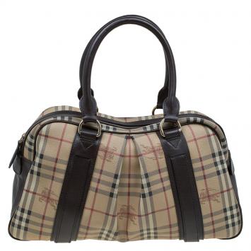 Pre Owned Burberry Beige/Brown Haymarket Check Canvas and Leather Ashbury Knight Satchel