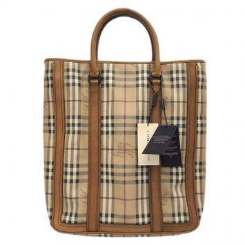 Pre Owned Burberry Brown Haymarket Check Coated Canvas Tote