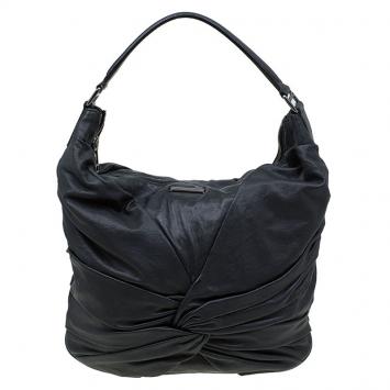 Pre Owned Burberry Black Leather Ruched Hobo