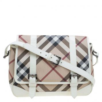 Pre Owned Burberry Beige/White Nova Check PVC Messenger Flap Bag