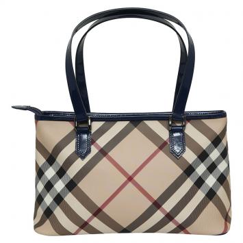 Pre Owned Burberry Blue Supernova Check Coated Canvas Small Nickie Tote