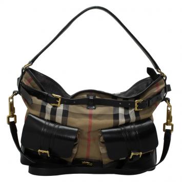 Pre Owned Burberry Black House Check Fabric and Leather Front Pocket Hobo