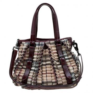 Pre Owned Burberry Burgundy Cartridge Nova Check Lowry Tote