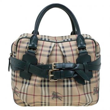 مملوكة مسبقًا Burberry Green/Beige Haymarket Check Coated Canvas Satchel