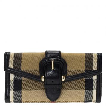 Pre Owned Burberry Beige/Black House Check Fabric Large D-Ring Wallet
