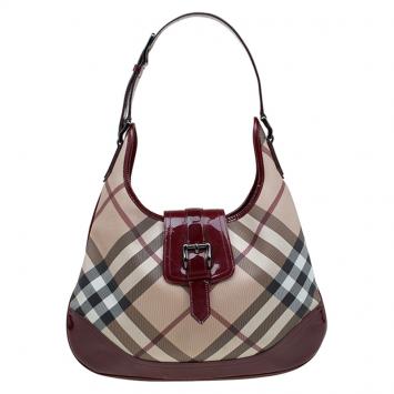 Pre Owned Burberry Beige/Burgundy Nova Check Canvas Brooke Hobo