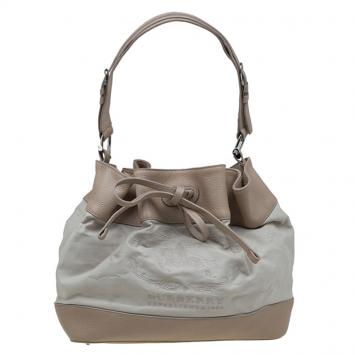 Pre Owned Burberry Beige Leather and Fabric Drawstring Hobo