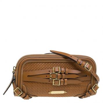 Pre Owned Burberry Brown Woven Leather Bridle Belted Clutch