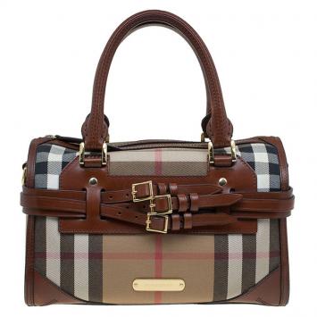 Pre Owned Burberry Brown House Check Leather Bridle Bowling Bag