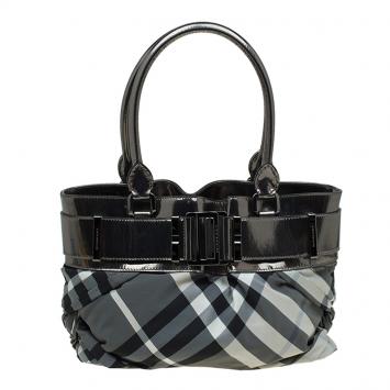 Pre Owned Burberry Metallic Grey Beat Check Nylon and Leather Small Healy Tote