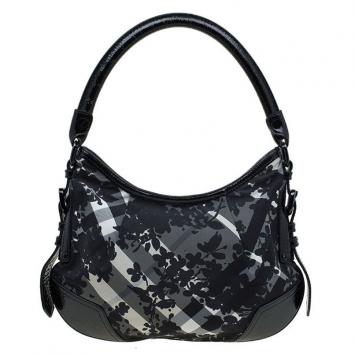 Pre Owned Burberry Black Beat Check Nylon Small Foley Floral Print Hobo