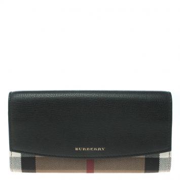 Pre Owned Burberry Black House Check Leather Porter Continental Wallet