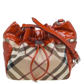 Pre Owned Burberry Red Orange Nova Check Patent Leather Drawstring Hobo