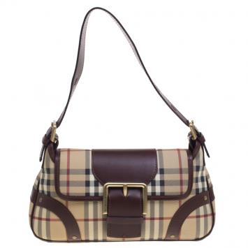 Pre Owned Burberry Beige/Brown Haymarket Check Canvas Shoulder Bag
