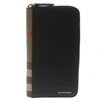 Pre Owned Burberry Black House Check Grain Leather Zip Around Wallet