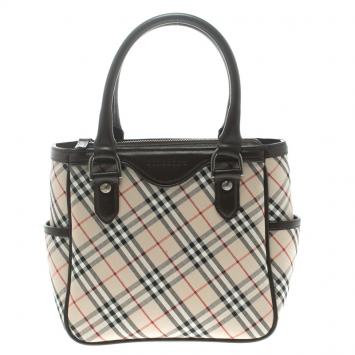 Pre Owned Burberry Brown/Beige House Check Fabric Side Pockets Tote