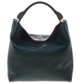 Pre Owned Burberry Emerald Green Grain Leather Lindburn Hobo