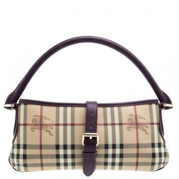 Pre Owned Burberry Beige/Purple Haymarket Check PVC Shoulder Bag