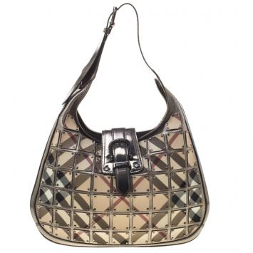 Pre Owned Burberry Metallic Dark Grey Nova Check Brooke Warrior Hobo
