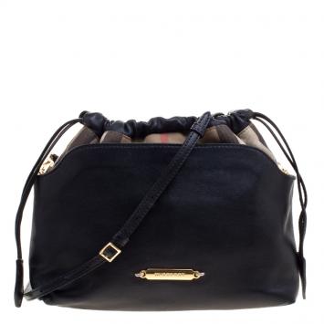 Pre Owned Burberry Black Leather and House Check Fabric Little Crush Crossbody Bag