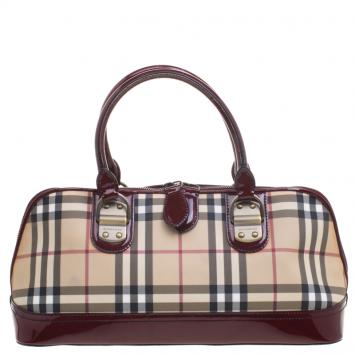 Pre Owned Burberry Burgundy House Check PVC Satchel