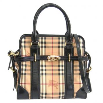 Pre Owned Burberry Black Haymarket Check Coated Canvas /Leather Portrait Minford Tote