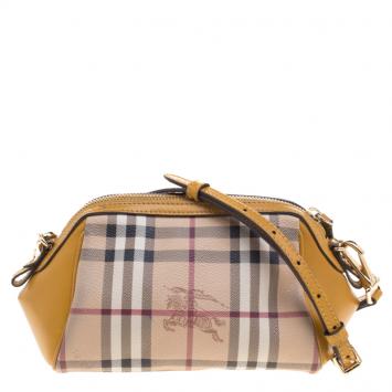 Pre Owned Burberry Gold Freesia Haymarket Check PVC Mini Blaze Crossbody Bag