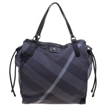 Pre Owned Burberry Black Beat Check Nylon Drawstring Tote