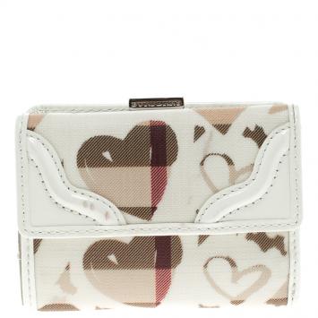 Pre Owned Burberry Off White Nova Check Heart Compact Wallet
