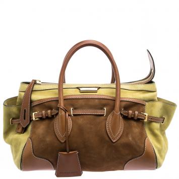 Pre Owned Burberry Yellow Green/Brown Nubuck Leather Bowling Bag