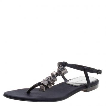 Pre Owned Burberry Black Embellished Satin Thong Sandals Size 40