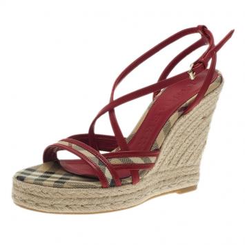 Pre Owned Burberry Red Leather Espadrille Wedge Sandals Size 36