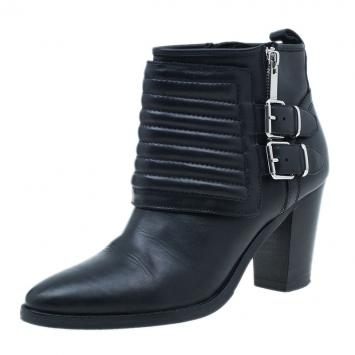 Pre Owned Burberry Black Leather Hirshel Moto Ankle Boots Size 38