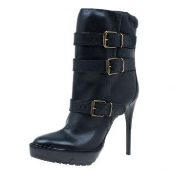 Pre Owned Burberry Black Leather Buckled Ankle Boots Size 40.5