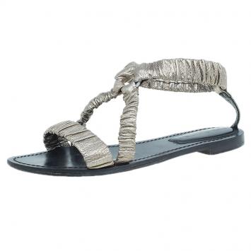 Pre Owned Burberry Metallic Gold Elastic Leather Flat Sandals Size 38