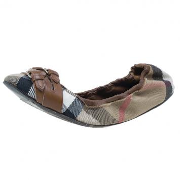 Pre Owned Burberry Novacheck Canvas and Leather Buckle Ballet Flats Size 39