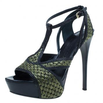 مملوكة مسبقًا Burberry Green Woven Raffia and Leather Ankle Strap Platform Sandals Size 38