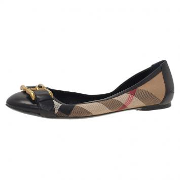 Pre Owned Burberry Novacheck Canvas and Leather Buckle Detail Ballet Flats Size 39