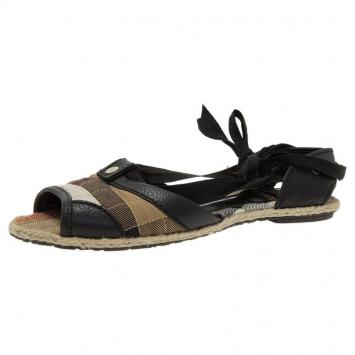 Pre Owned Burberry Novacheck Canvas and Leather Lace Up Raffia Flats Size 36