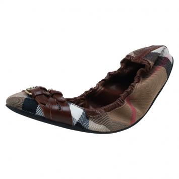 Pre Owned Burberry Novacheck Canvas and Leather Buckle Ballet Flats Size 39