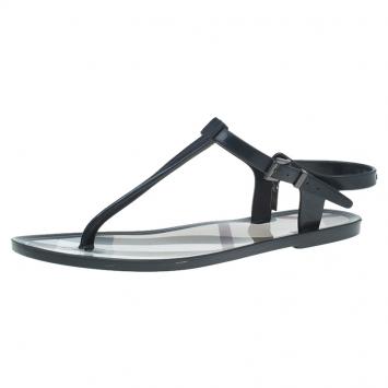 Pre Owned Burberry Black Rubber Novacheck Thong Ankle Strap Sandals Size 38