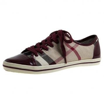 Pre Owned Burberry Red Leather and Novacheck Canvas Sneakers Size 38