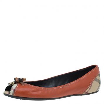 Pre Owned Burberry Orange Leather And Nova Coated Canvas Peep Toe Flats Size 38.5