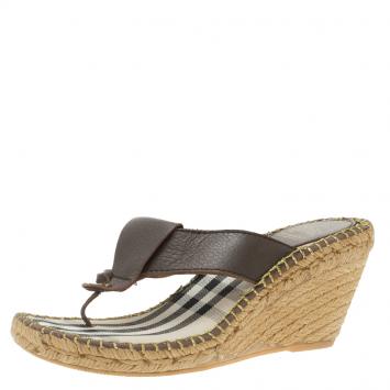 Pre Owned Burberry Brown Leather Espadrille Thong Sandals Size 39