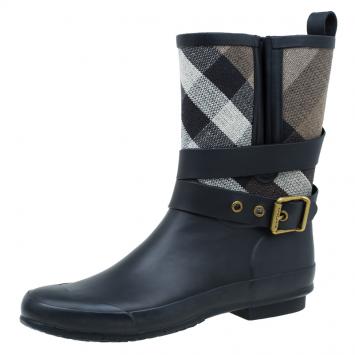 Pre Owned Burberry Black NovaCheck Detail Belted Rain Boots Size 38
