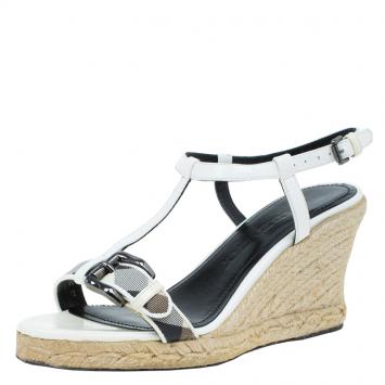 Pre Owned Burberry White Patent Leather Check Espadrilles Wedge Sandals Size 37