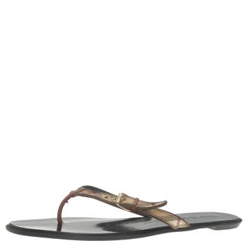 Pre Owned Burberry Beige Novacheck Canvas and Leather Thong Sandals Size 40