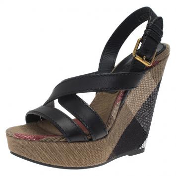 Pre Owned Burberry Brown Novacheck Canvas and Leather Slingback Wedge Sandals Size 36