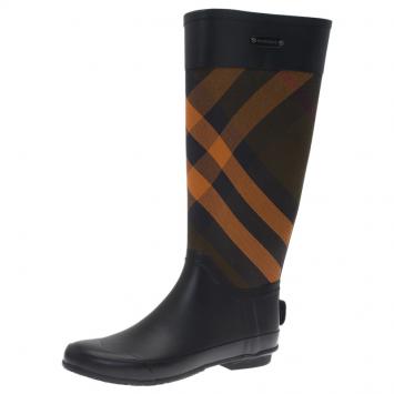 Pre Owned Burberry Black Rubber And Novacheck Canvas Rain Boots Size 38