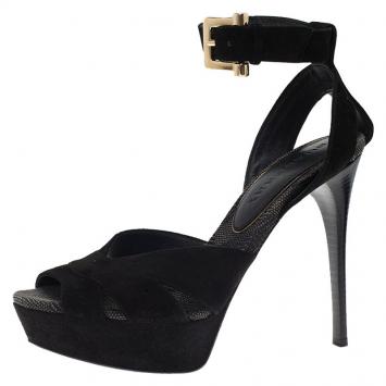 Pre Owned Burberry Black Suede Platform Ankle Strap Sandals Size 38.5